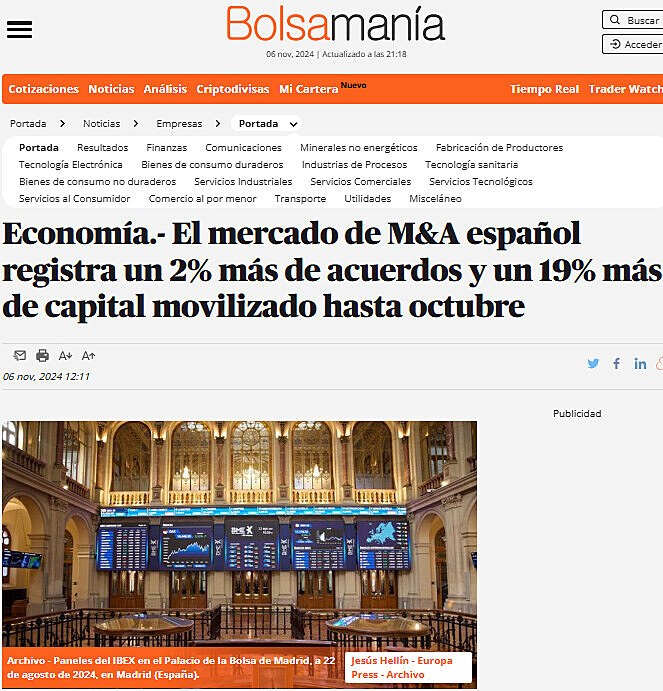 Economa.- El mercado de M&A espaol registra un 2% ms de acuerdos y un 19% ms de capital movilizado hasta octubre